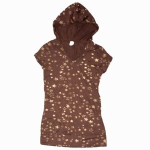 CANDY RAIN Brown Gold Bronze Star Short Cap Sleeve Hooded Top Junior Size Medium